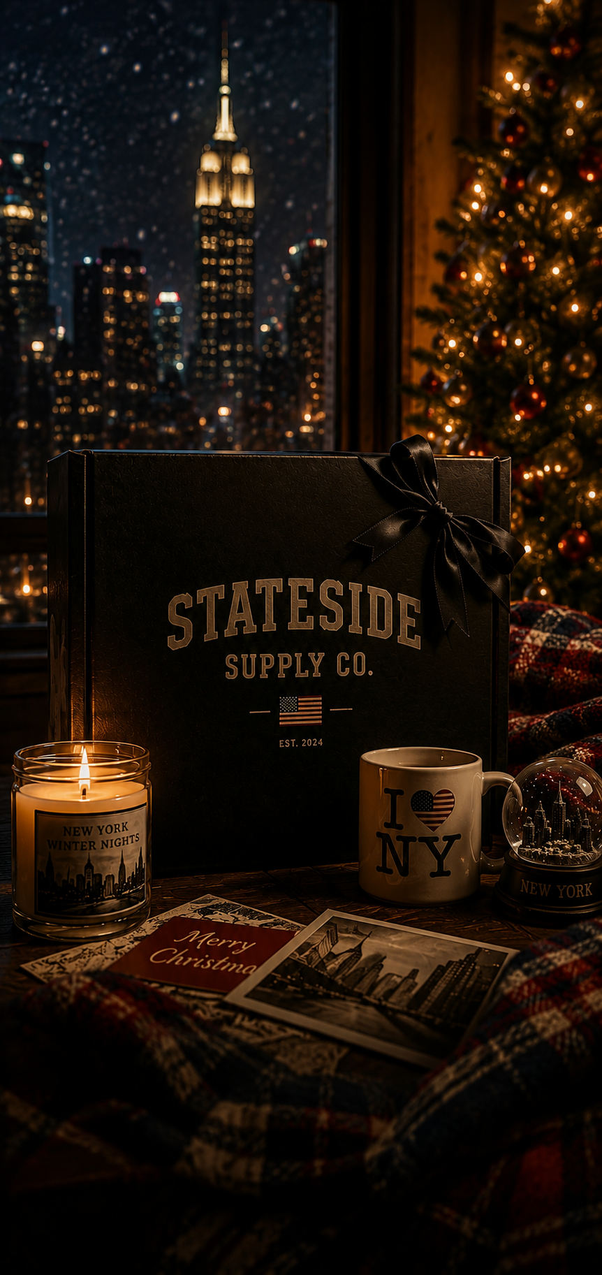 Stateside Supply Co. holiday gift box with New York winter skyline